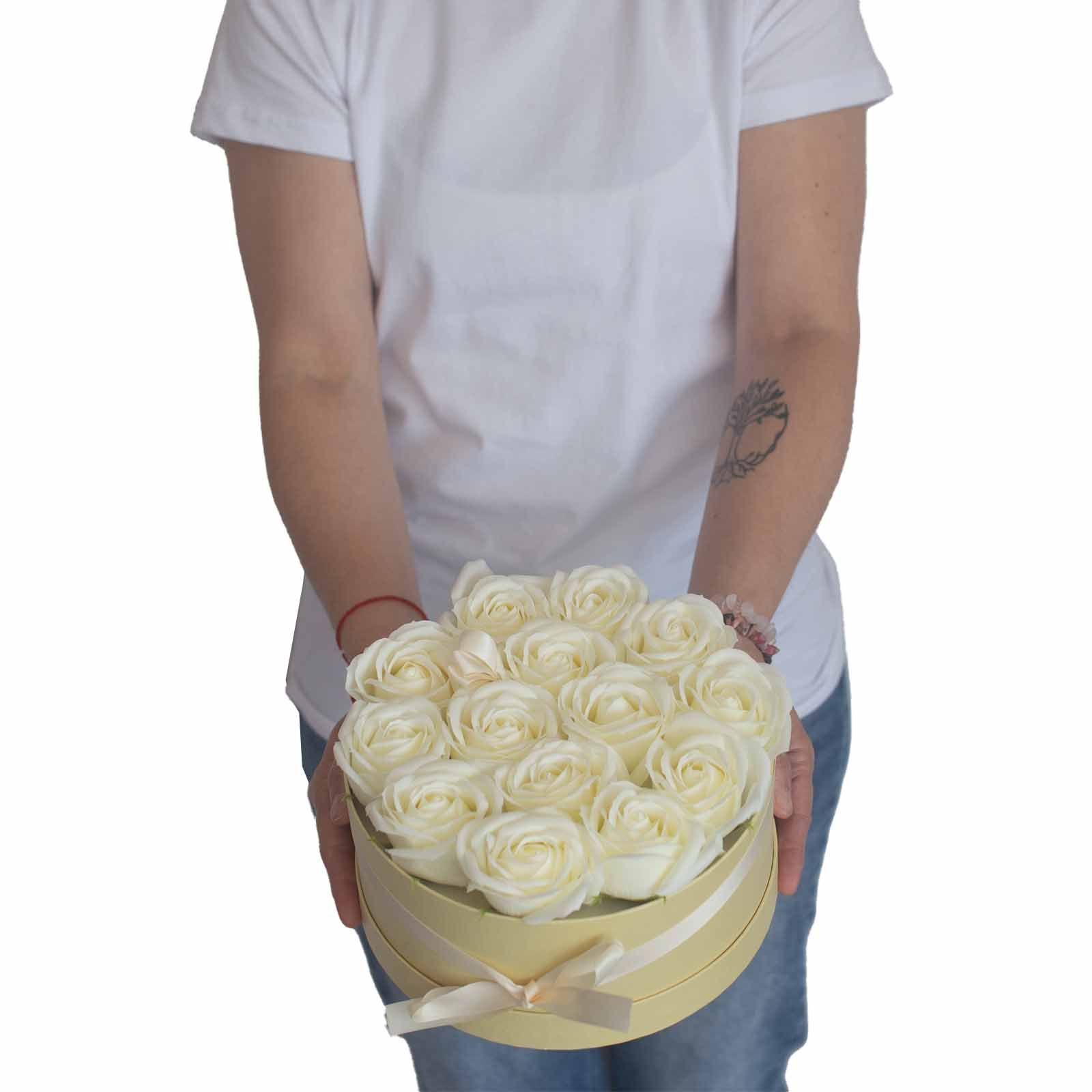 Soap Flower Gift Bouquet - 14 Cream Roses - Round - Image 6