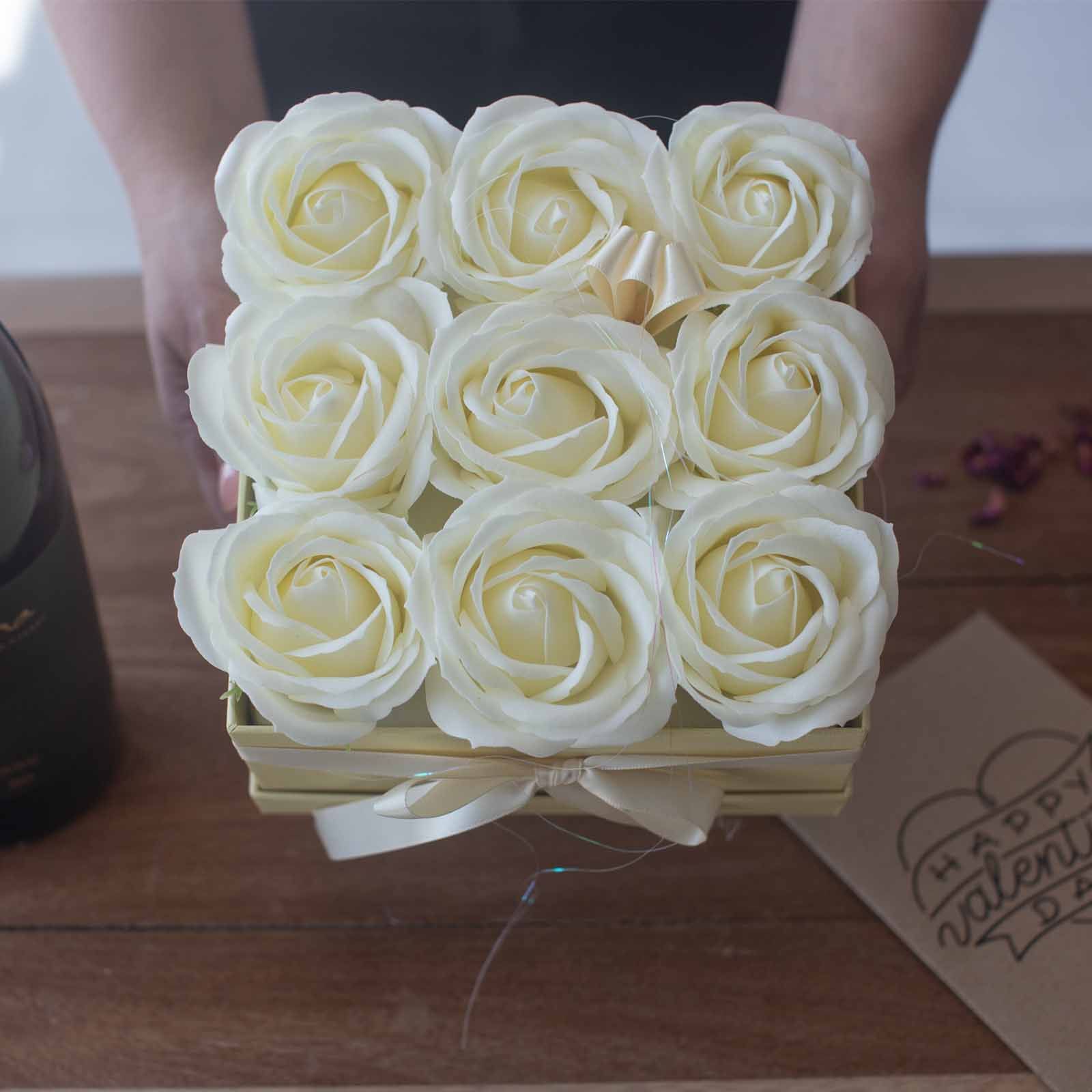 Soap Flower Gift Bouquet - 9 Cream Roses - Square - Image 9