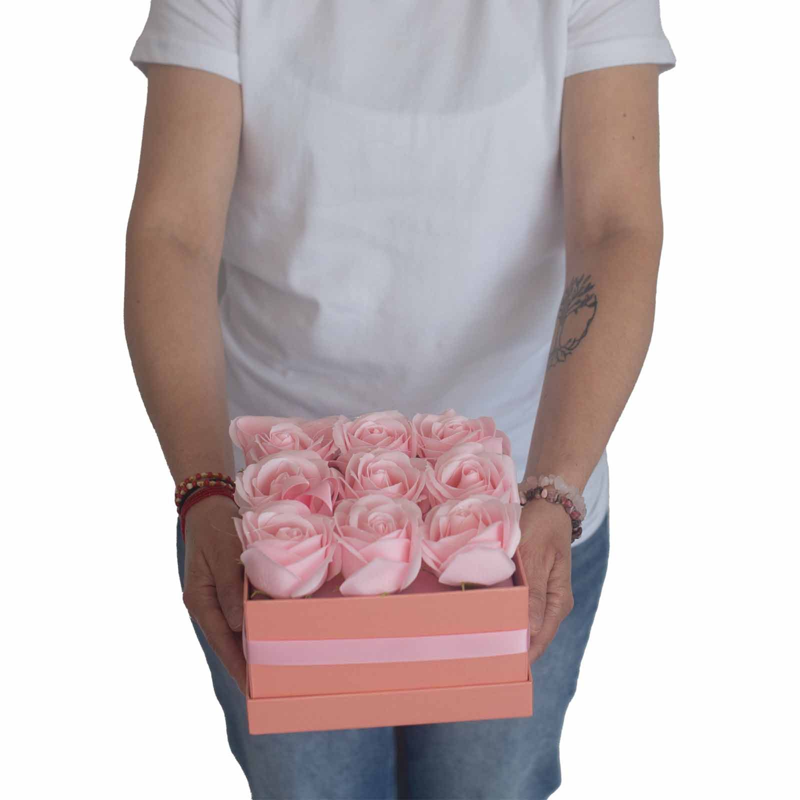 Soap Flower Gift Bouquet - 14 Pink Roses - Round - Image 9