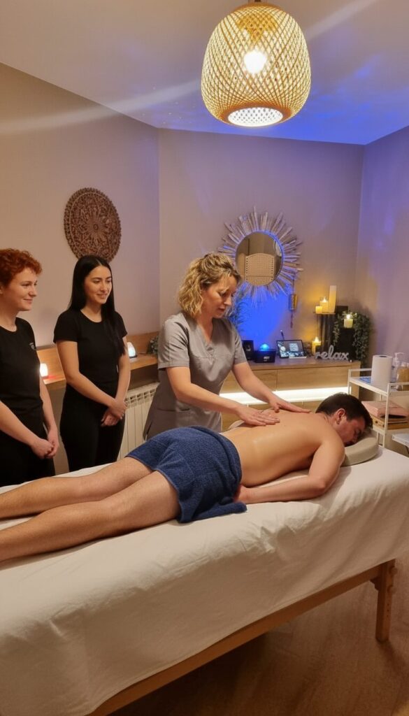 Początkujący i profesjonalni studenci uczący się technik masażu klasycznego w Emerald Spa w Krakowie